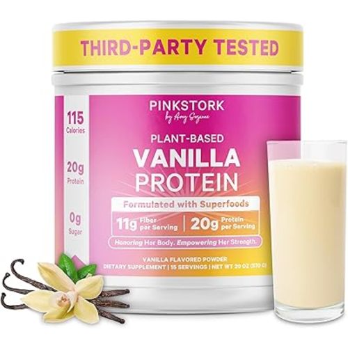 Pink Stork Protein Powder for Women, 20g Plant Based Protein Powder with Fiber + Superfoods, Gluten Free, Dairy Free, Sugar Free, Pregnancy Friendly, Vanilla Protein Shake - 15 Scoops