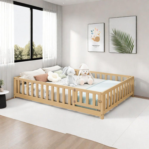 Ophelia & Co. Full Size Floor Platform Bed with Fence and Door for Kids Montessori Bed | Wayfair