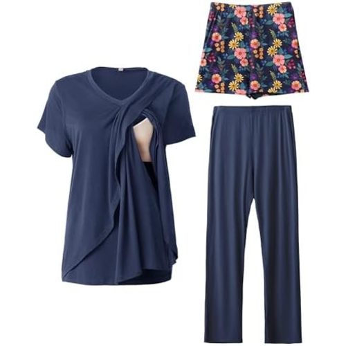 Rnxrbb V Neck Nursing Pajamas Set 3 Pack Postpartum Pjs Breastfeeding Sleepwear for Women Double Layer with Pockets