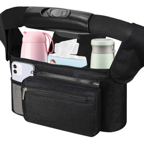 Universal Stroller Organizer with Insulated Cup Holder, Detachable Phone Bag, Fits Uppababy, Baby Jogger, Pet Stroller - Black