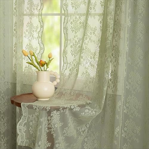 Sage Lace Green Curtains 63 Inch Length for Bedroom 2 Panels Elegant Flowered Light Filtering Semi Sheer Embroiderd Drapes for Living Room Dining Room Easter Decor 1 Pair Set W52 X L63 Light Green