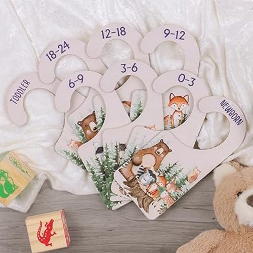 IDYLLICA Wood Baby Closet Dividers & Clothing Organizer - Premium Wood 8-Pack Wooden Unisex Gender Neutral Nursery Organization for Storing Baby’s Clothing - Forest Animal Boutique Boho Minimalist