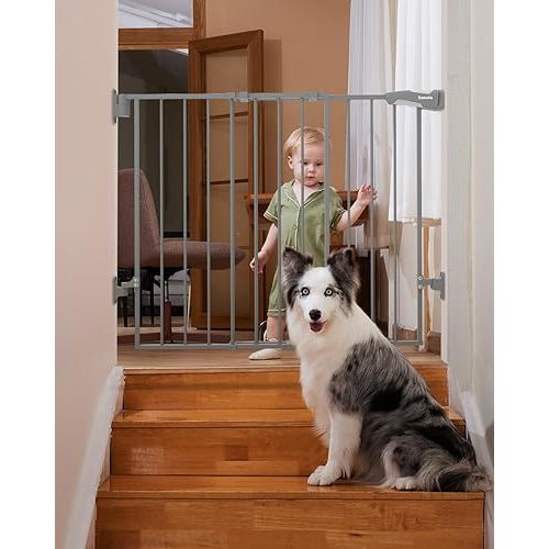 Babelio 26-43" No Bottom Bar Baby Gate for Babies, Elders and Pets, 2-in-1 Hardware Mount Dog Gate for The House, Stairs and Doorways, Safety Pet Gates with Large Walk Thru Door, Gray