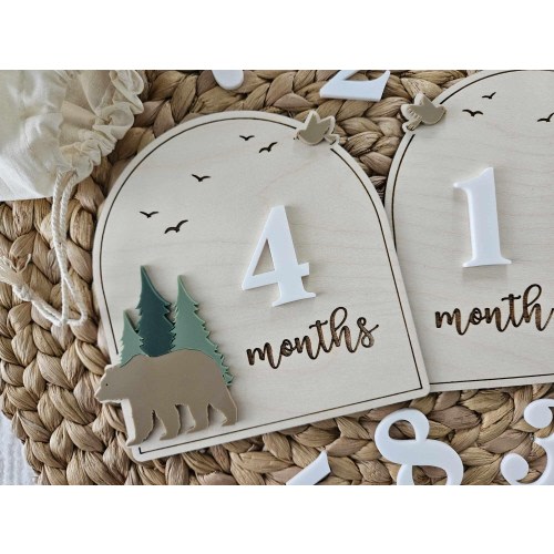Bear and Trees Monthly Milestone Disc | Baby Monthly Discs for Photos | Interchangeable Numbers Monthly Photo Prop Set | Newborn Photo Prop