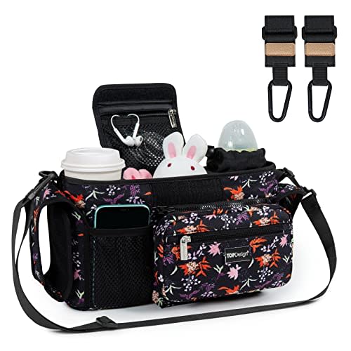 TOPDesign Universal Baby Stroller Organizer, Stroller Caddy with Heightened Insulated Cup Holders & Non-Slip Secure Hooks Accessories, Fits Most Strollers, Machine Washable (Small Floral)