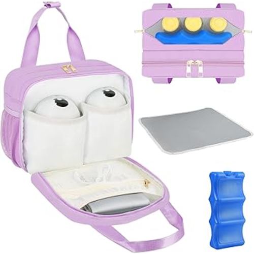 PIIOSER Breastmilk Cooler Bag with Ice Pack, Compatible with Wearable Breast Pumps & Accessories - Portable Pumps Carrying Case for Nursing & Working Moms (Purple-Small)