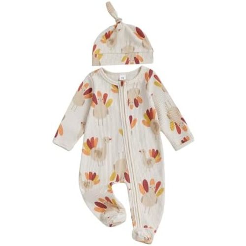 My First Thanksgiving Baby Boy Outfit Newborn Turkey Romper Waffle Knitted Long Sleeve Jumpsuit and Hat
