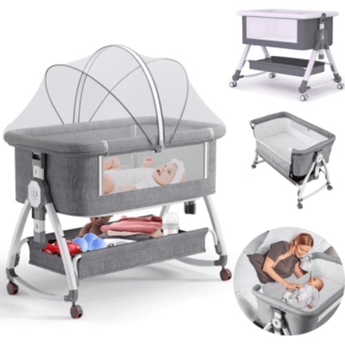JieC 3 in 1 Folding Baby Bassinet,5-Height-Adjustable Crib with Lockable Wheels,Changing Table,Gray