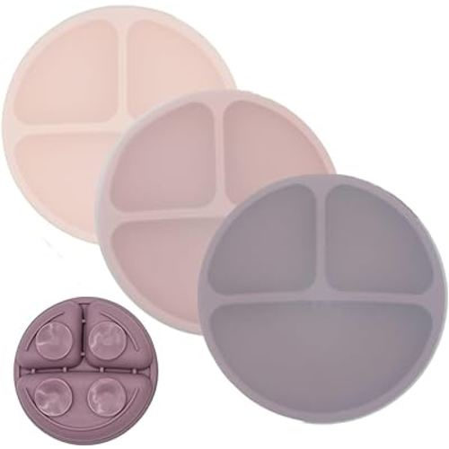 WeeSprout Suction Plates with Lids for Babies & Toddlers, 100% Silicone Dinnerware Stays Put, Divided Design for Picky Eaters, Microwave & Dishwasher Friendly, 3 Pack (Matte Pink, Purple, Blush Pink)