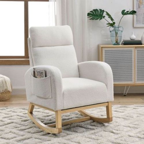Indoor Rocking Chair Coffee Teddy Fabric Lounge Chair Rocker With Pockets,comfy Accent Arm Chair With Solid Wood Legs,leisure Chairs-cuddlewood