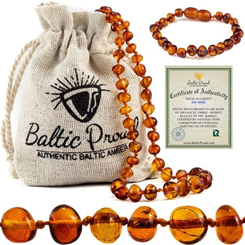 Baltic Amber Necklace and Bracelet Gift Set (Unisex Cognac 12.5 Inches/5.5 Inches) - Certified Premium Quality Raw Baltic Sea Amber