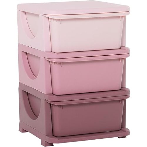 Qaba 3 Tier Kids Storage Unit, 3 Drawer Chest Toy Organizer Plastic Bins for Kids Bedroom Nursery Kindergarten Living Room for Boys Girls Toddlers, Pink