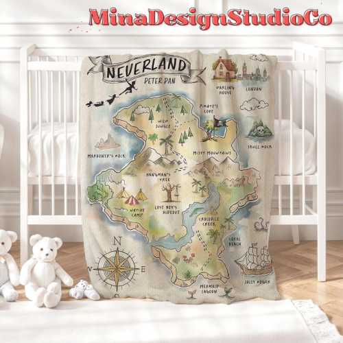 Never Grow Up Disney Peter Pan Neverland Map Blanket, Peter Pan Wendy Tinker Bell Neverland Gift, Captain Hook Pirate Family Home Decoration
