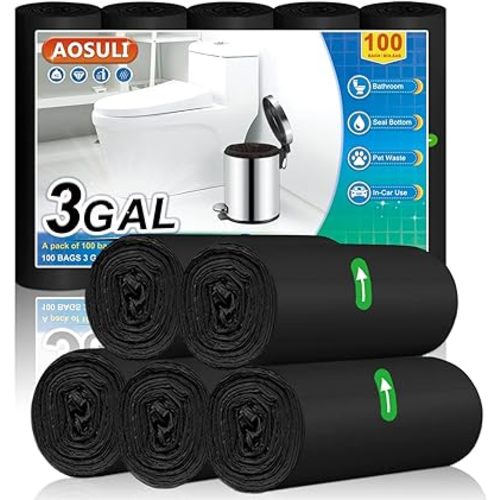 Small Bathroom Trash Bags AOSULI 3 Gallon/10 Liter Trash Can Bags,100 Counts Plastic Waste Basket Bags,Small Black Garbage Bags for Bathroom Can, Office