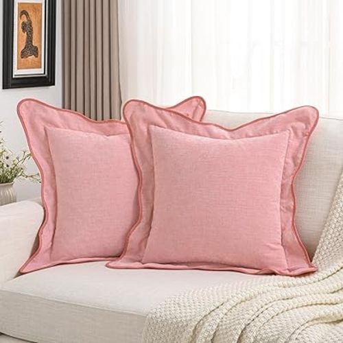 FUTEI Soft Cozy Pink Chenille Decorative Throw Pillow Covers 18x18 Inch Set of 2,Double Stitch Scalloped Bordered Cushion Case,Modern Home Decor for Couch Bed Living Room