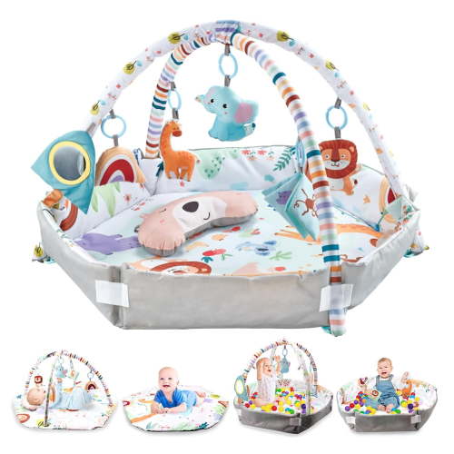 JoyStone Baby Gym Play Mat with 6 Detachable Toys, Washable Baby Activity Mat, Baby Gift for Newborn Infant 0-18 Months (Grey)