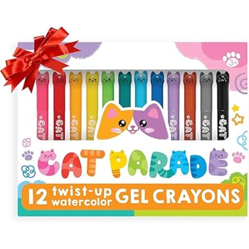 Ooly Cat Parade Gel Crayons for Kids and Adults - Set of 12 Rainbow Color Crayons for Glass and Paper Surfaces with Cat-Shaped, Twist-Up Caps, Holiday Gifts for Kids