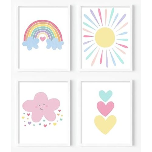 Pink Nursery Wall Art Prints Baby Girl Canvas Rainbow Pastel Wall Decor Boho Pink Cloud Colorful Sunshine Hearts Wall Art for Toddler Girls Baby Kids Room Decor,Set of 4(8x10inch,Unframed).