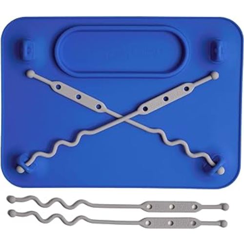 BUSY BABY Silicone Mat - Suction Cups, 4 Straps to Secure Baby Essentials, Self Feeding, Baby Led Weaning, Travel Sleeve Included (Blue)