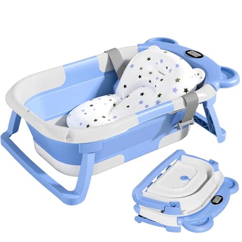 TPN Collapsible Baby Bathtub for Infants to Toddler with Real-time Temp Monitor+Floating Cushion,Foldable Baby Bath Tub Set Applicable 0-36 Month,Perfect Portable Travel Baby Tub for Newborns Boy