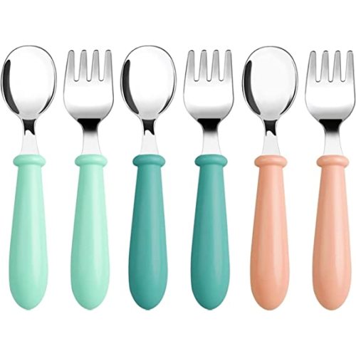 6 Pieces Toddler Utensils Stainless Steel Baby Forks and Spoons Set Kids Silverware Children's Flatware Metal Cutlery Set with Round Handle, 3 x Cute Forks,3 x Children Spoons - glass green/mint green/coral orange