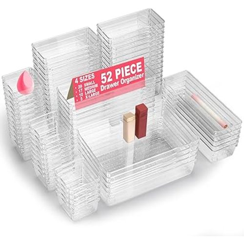 52-Piece Clear Plastic Drawer Organizers Set - 4 Sizes Bathroom & Dresser Storage Bins, Stackable Kitchen Desk Organizer Trays for Makeup, Jewelry, Utensils, Junk, Gadgets