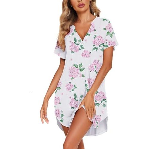 Ekouaer Women V Neck Button Down Nightgown