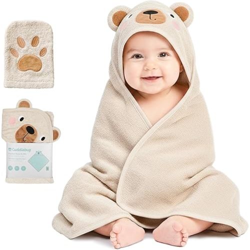 CuddleBug Hooded Baby Bath Towel & Washcloth Set (Bear) - 100% Cotton Terrycloth Hooded Baby Towels for Newborn & Toddler - Super-Soft & Absorbent, Newborn Essentials (33" x 33") - Honey Beige