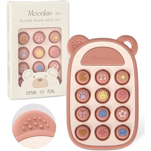 Moonkie Silicone Press Phone Teething Toy for Baby 3 Months+ | Soft BPA-Free Teether with Icon & Number Pop Bubbles | Ideal Gift for Baby Girls