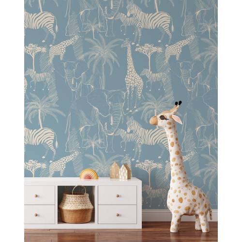 Blue Safari Animals Wallpaper | Removable Self Adhesive Jungle Animals Wallpaper | Peel and Stick or Pre-Pasted Wallpaper | Eco Friendly