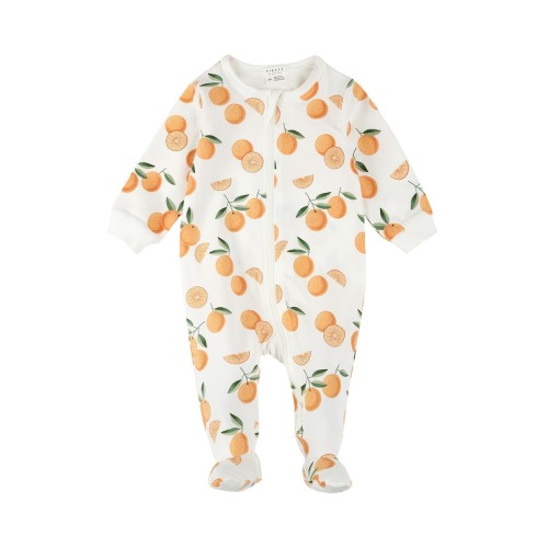 Orange Print Cotton One-Piece Footed Pajamas