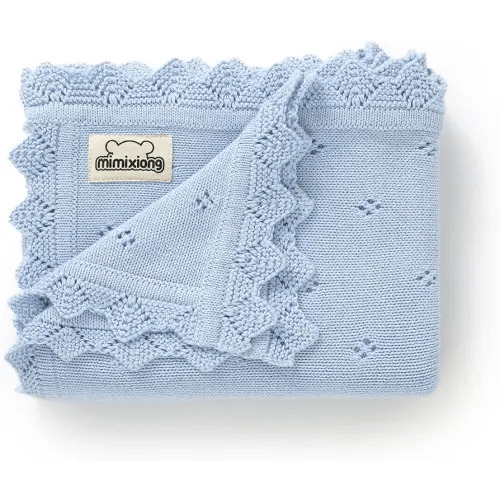 mimixiong Cotton Baby Blanket Knitted Crochet Receiving Crib Nursery Swaddling Blankets for Newborn Baby Boy Girl 30x40 Inch (LightBlue)