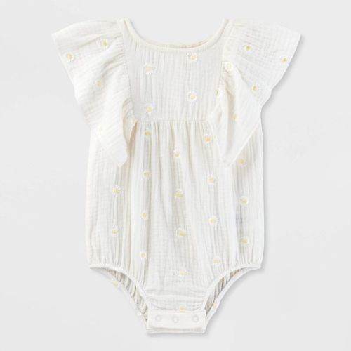 Baby Girls' Daisy Embroidered Bubble Romper - Cat & Jack™ Cream 0-3m: Cotton Gauze, Floral Pattern, Snap Closures, Sleeveless