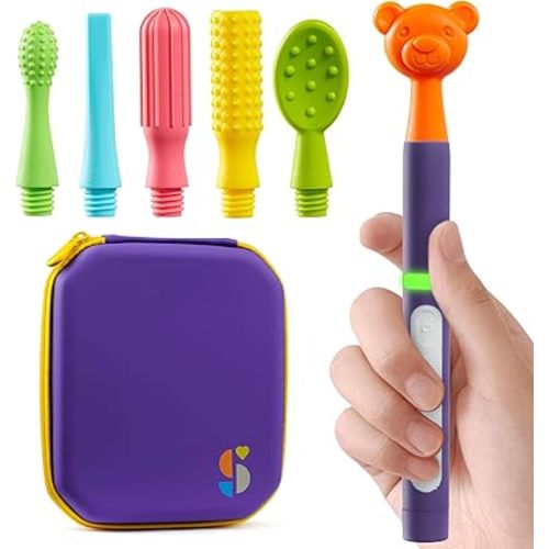 Special Supplies Buzz Buddy Oral Motor Stimulation kit with 6 Soft Textured Interchangeable Heads, Calm Sensory Needs, Support Speech, and Stimulate Self Feeding, Gentle Vibrations (Purple)
