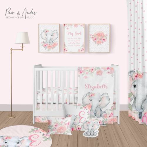 Elephant Baby Bedding Set, Baby Girl Crib Bedding Set, Pink Floral Crib Bedding, Crib sheet Girl, Floral Elephant Nursery, Baby Bedding
