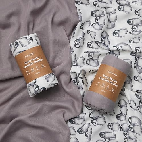 Momcozy Softness Upgrade Muslin Swaddle Blankets, Cute Penguin+Solid Grey Neutral Matching, 2 Pack Breathable 2-Layer Gauze Large 47'' x 47'' Swaddling Blanket Wraps for Newborn Baby Boys Girls