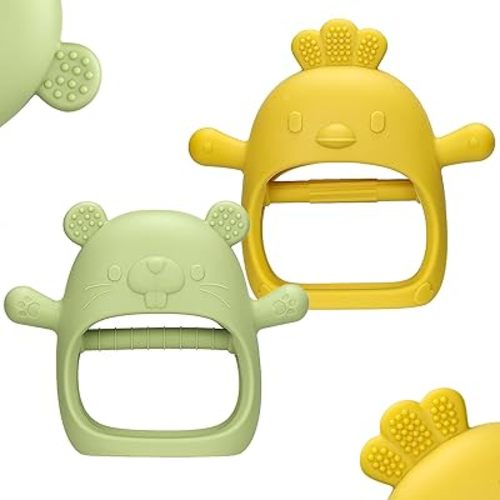 TinyHalo 2pcs Silicone Baby Teething Toys, Self-Soothing Healthy Oral Development Teething Mittens, BPA Free, Anti-Drop, Adorable and Colorful Baby Chew Toys for Sucking Needs (Yellow)