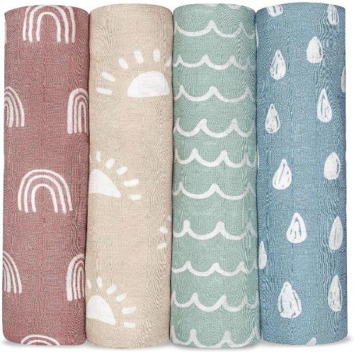 Muslin Swaddle Blankets Neutral Receiving Blanket for Boys and Girls by Comfy Cubs, Color: Sun, rainbow, rain, doodle