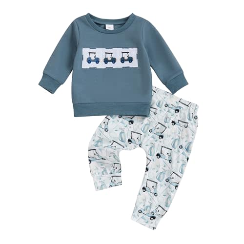 Bonangber Toddler Baby Boy Golf Outfit Golf Cart Print Crewneck Sweatshirt Tops Pants Boys Fall Clothes Set 2Pcs