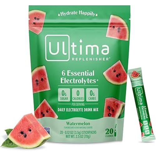 Ultima Replenisher Daily Electrolyte Powder Drink Mix – Watermelon, 20 Stickpacks – Hydration Packets with 6 Electrolytes and Trace Minerals – Keto Friendly, Vegan, Non-GMO and Sugar-Free
