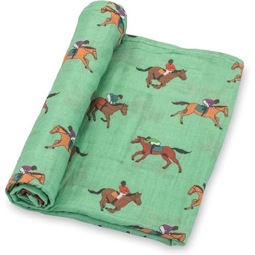 LollyBanks Swaddle Blanket, 100% Cotton Muslin Swaddle Blankets, Neutral Swaddle Blanket 47 x 47 Inches, Baby Blanket for Boys and Girls, Baby Essentials, Registry (Horse Racing Print)