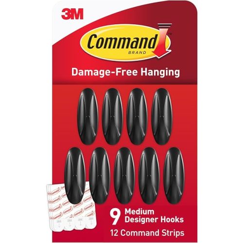 Command Medium Designer Hooks, Black, 9 Hooks, 12 Strips