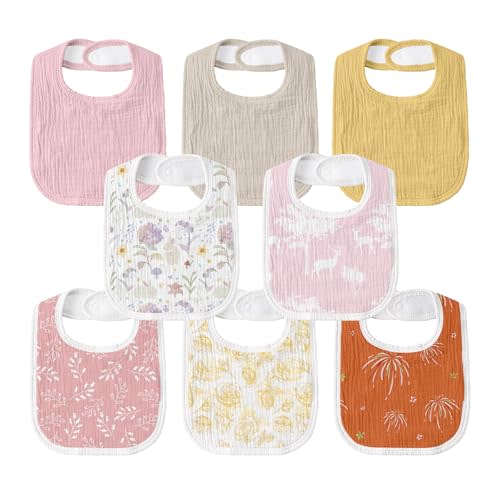 GLLQUEN BABY Muslin Drool Bibs for Boys Girls 8 Pack, Adjustable Baby Bibs for Drooling and Teething, Soft Cotton Baby Bandana Bibs for Newborn Feeding Essentials(Flower)