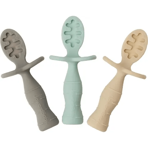 UpwardBaby 3-Pack Silicone Baby Feeding Spoons with Anti-Choke Barrier for Self Feeding 6 Months, Infant First Stage Textured Toddler Utensils, Baby Led Weaning Spoons