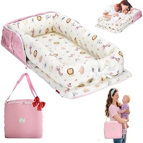 Tumbona para bebé para recién nacido, tumbona portátil para bebés de 0 a 24 meses para el hogar y viajes, tumbonas para recién nacidos con correa, tumbona nido para bebé, tamaño ajustable, diseño de mundo animal, rosa
