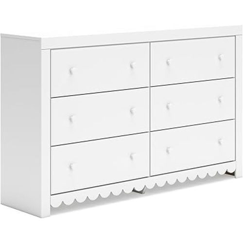 Signature Design by Ashley Mollviney Coastal 6-Drawer Dresser with Safety Stop and Scalloped Detailing, White