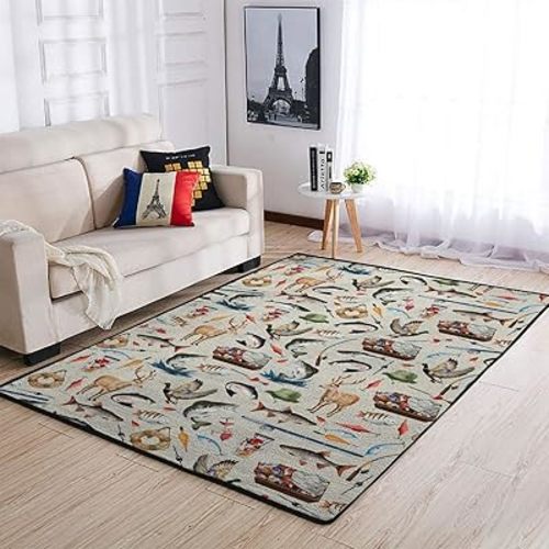 Vintage Hunting Fishing Area Rugs Fishing Hunting Deer Ducks Throw Carpets Hunting Animal Floor Mats for Kids Toddler Nursery Bedroom Living Room Bathroom Kitchen Laundry Playmat