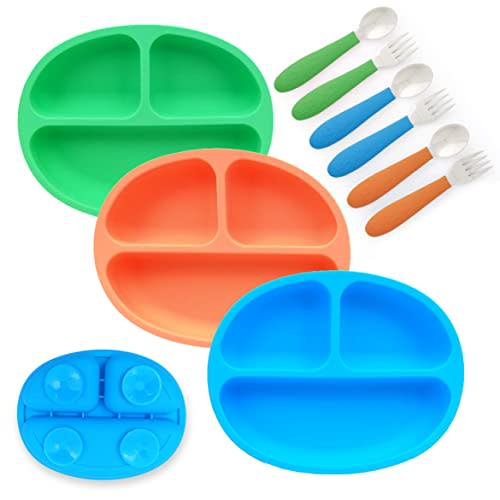 Elk and Friends Silicone Suction Plate for Babies/Toddlers + Stainless Steel Silverware Feeding Set | Divided Plate | Suction Design | Forks + Spoons Included | 3 Pack