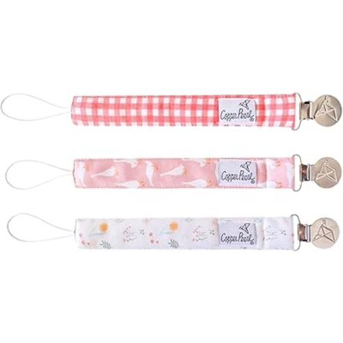 Copper Pearl Pacifier Clip 3-Pack: Premium Knit Binky Clips for Baby Girls and Boys - Stylish Stainless Steel Pacifier Holder Clip - Baby Pacifier Clips for No More Floor Drops - Goosie