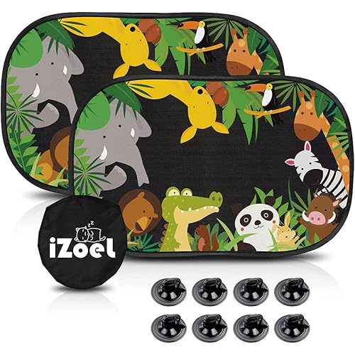 MOVINPE Car Sun Shade for Baby Kids 2 Pack Static Cling Side Window Car 80GSM Rear Sunshades Universal with 8 Suction Cups and Storage Bag - Sun Glare and UV Rays Protection (Jungle Animals)